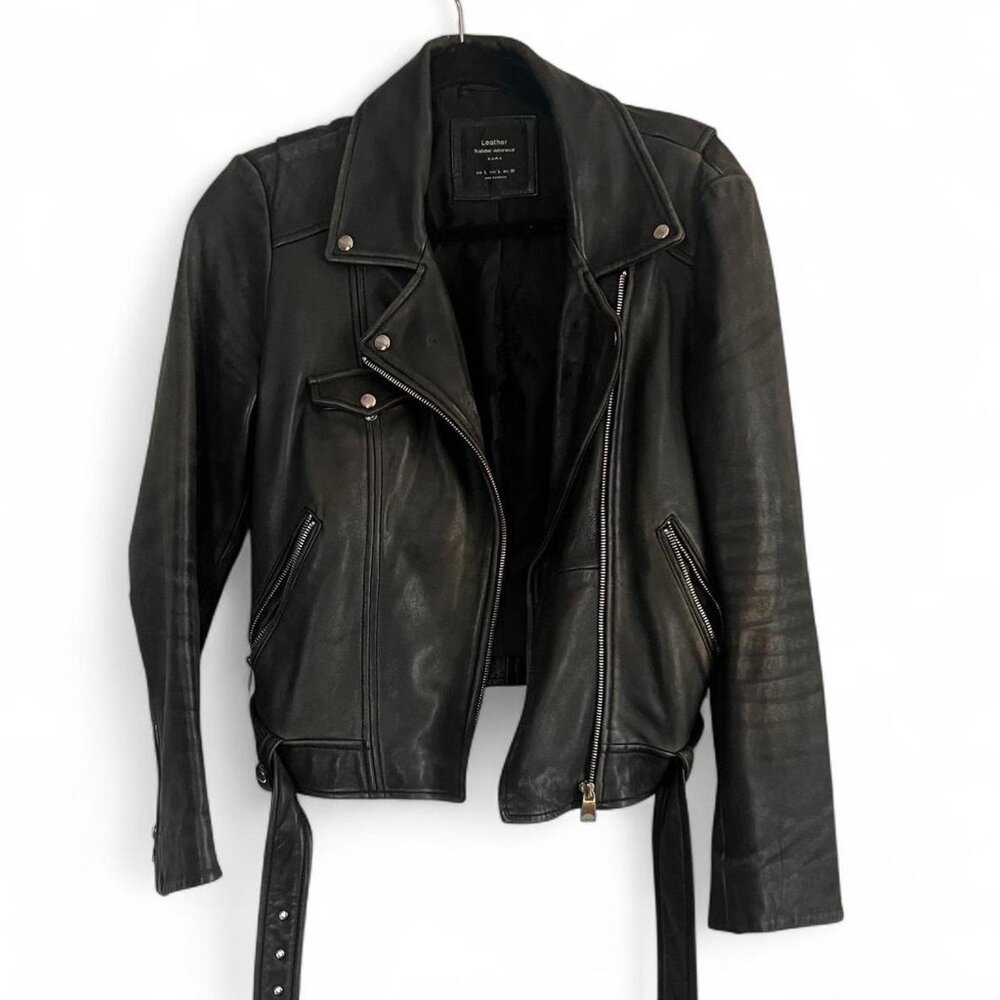 Zara Black and Silver Leather Moto Jacket
